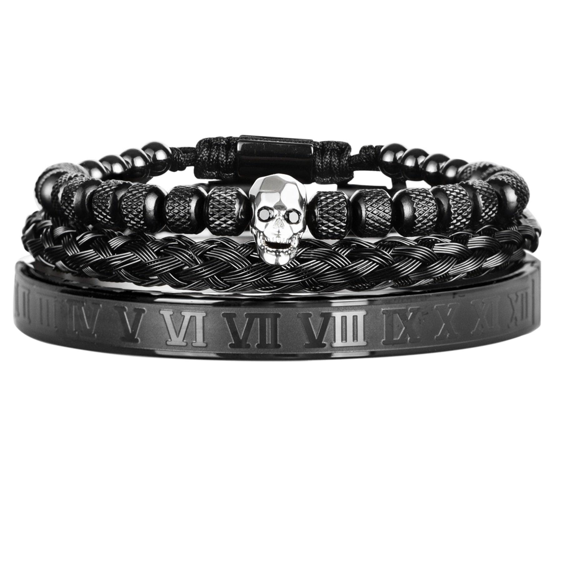 Luxury 3pcs/Set Skull Charm Black Men Bracelet, Stainless Steel  Men Enamel Bracelet - Sandrine Swank