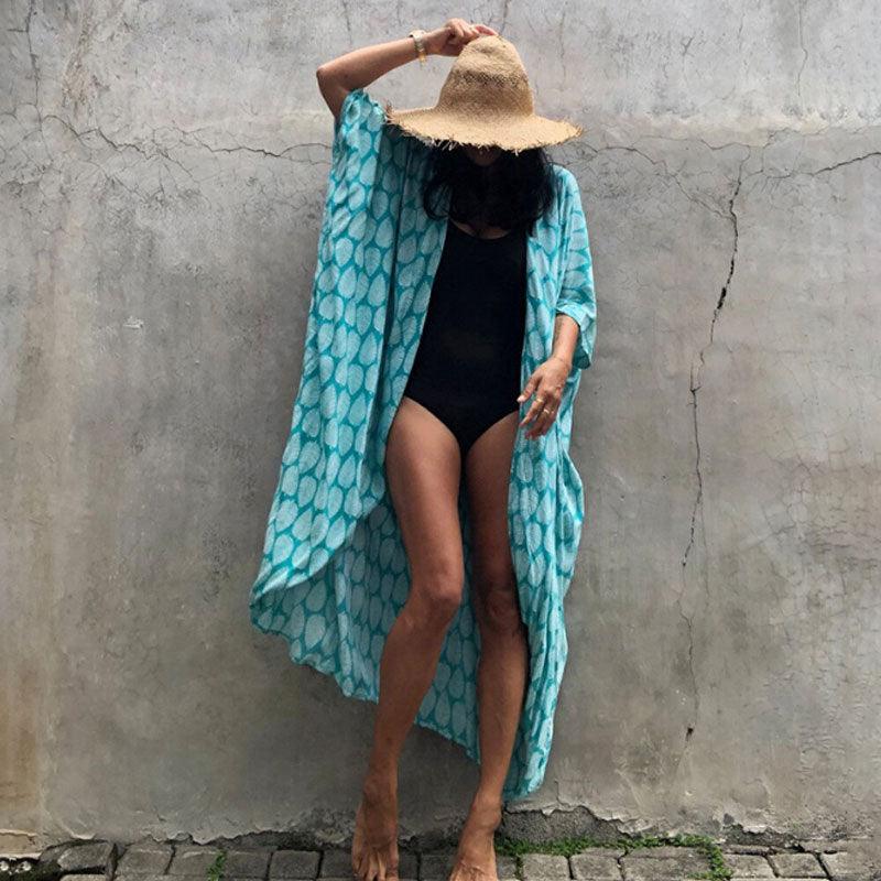 Bohemian Long Kimono, Beach Cover Ups Kimono, Tie Dye Kimono, Swimsuit Cape Summer Dress, Beachwear Cover Up Dress - Belleroz