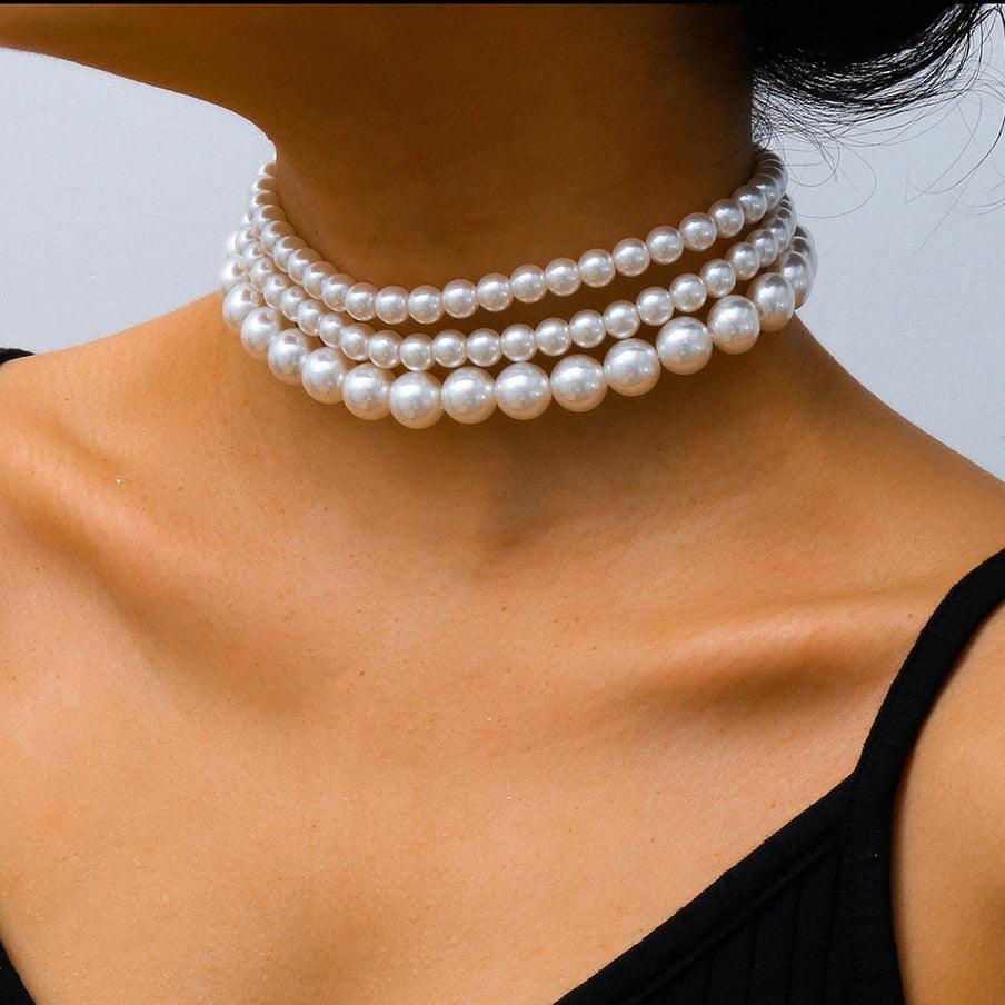 Elegant Multilayer Pearl Chain Necklace, Vintage Wedding Fashion Statement Choker - Belleroz