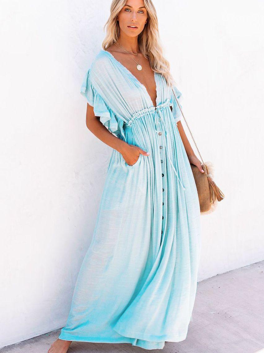 Bohemian Maxi Dress, Beach Dress, Women Boho Long Bikini Cover Up Dress, High Waist Casual V-Neck Sexy Dress - Belleroz