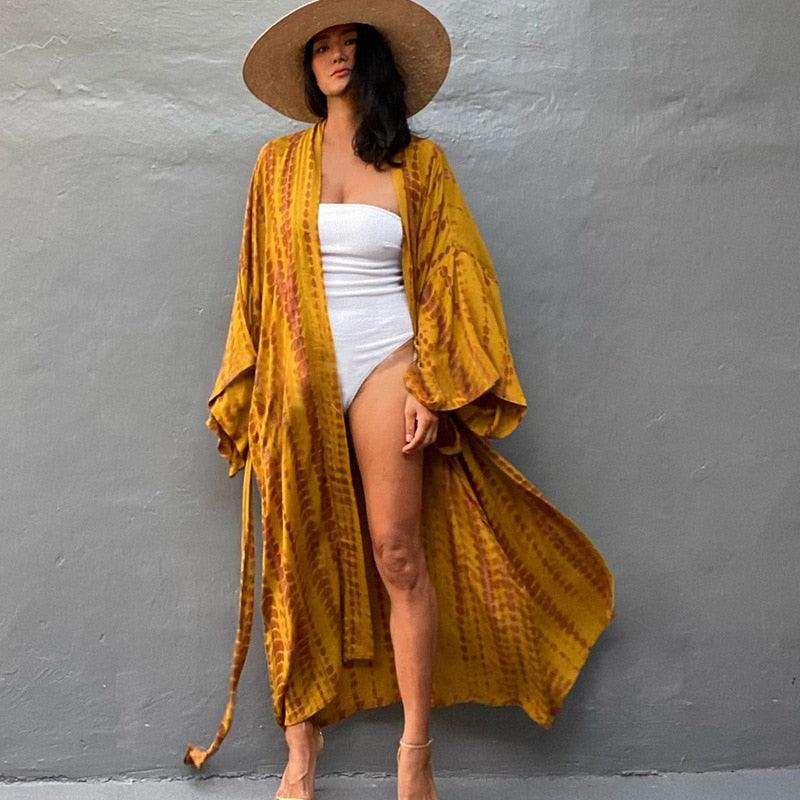 Bohemian striped Print V-neck batwing Sleeves Sashes Kimono, Kimono robe Ladies Boho Maxi Bikini Cover-up - Boldnaccs By Artisans