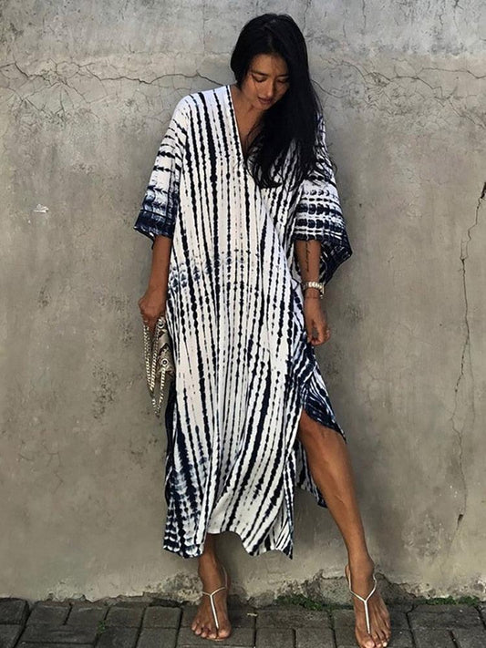 Bohemian Kaftan, Retro Striped Tie Dye Women Swimsuit Cover Up Bikini Wrap Beach Dress Beachwear Kimono Kaftan - Sandrine Swank