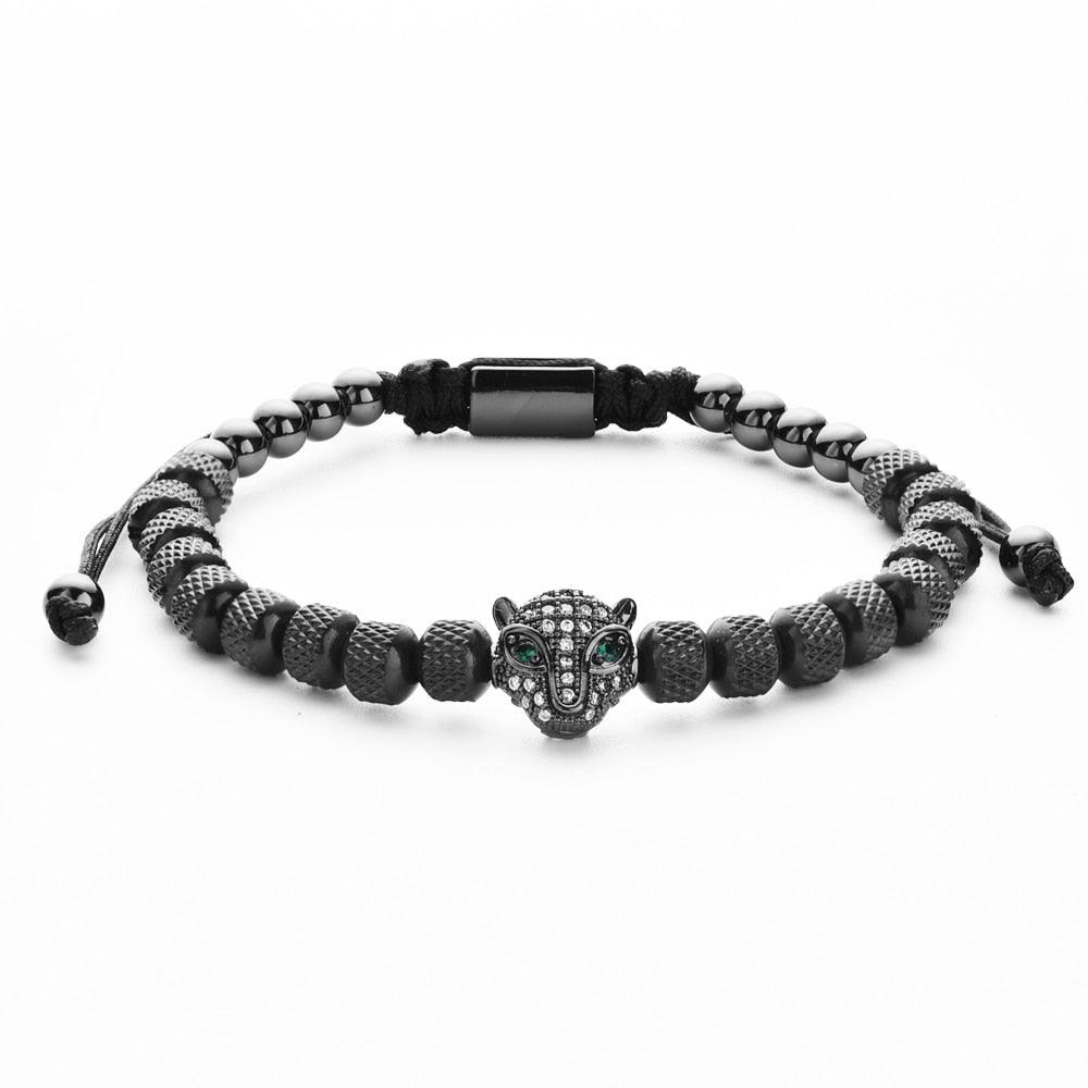 Charm Micro Pave CZ Leopard Head Men's Bracelet, Stainless Steel Handmade Men's Bracelet - Sandrine Swank