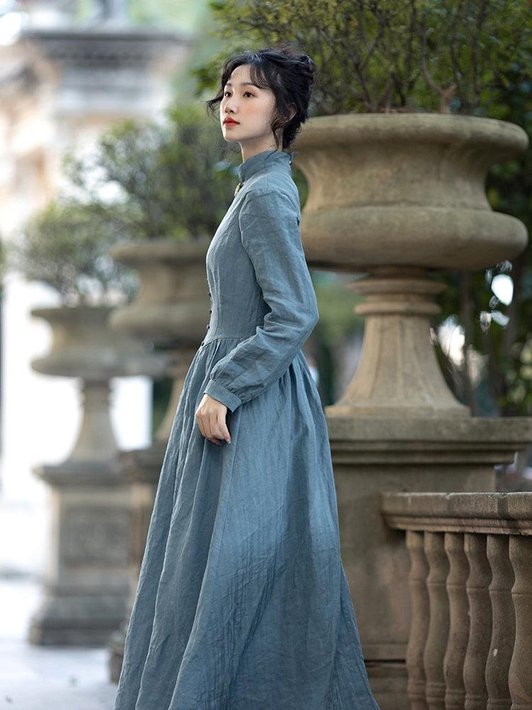 Elsie Maxi Dresses For Women Medieval Manor Vintage Elegant Dress Stand Collar Long Sleeve Strip Cotton Linen Blue Dress - Sandrine Swank