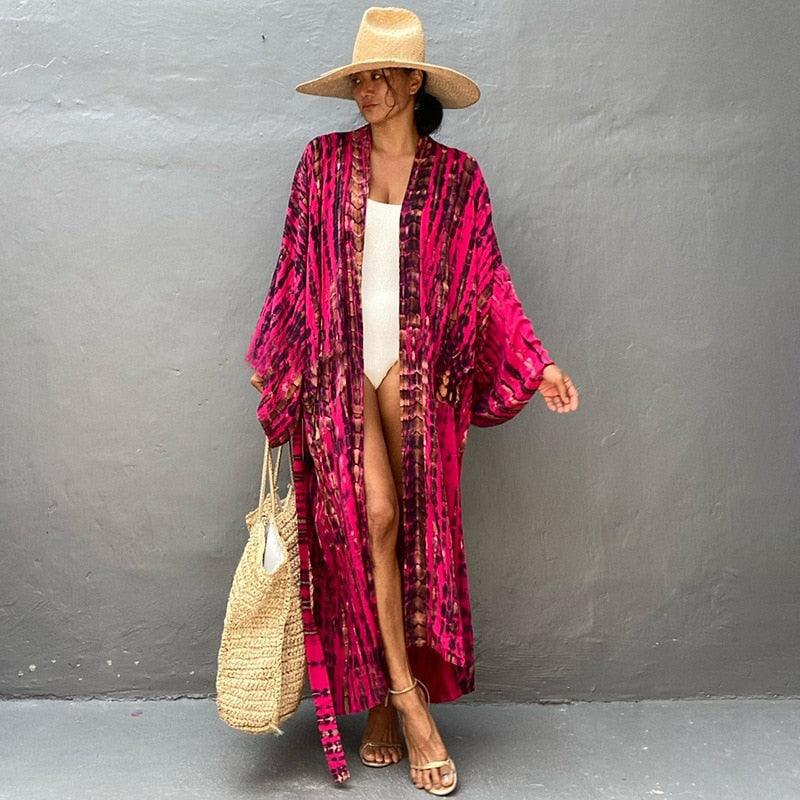 Bohemian striped Print V-neck batwing Sleeves Sashes Kimono, Kimono robe Ladies Boho Maxi Bikini Cover-up - Boldnaccs By Artisans