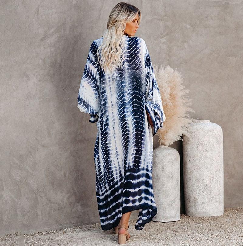 Bohemian striped Print V-neck batwing Sleeves Sashes Kimono, Kimono robe Ladies Boho Maxi Bikini Cover-up - Boldnaccs By Artisans