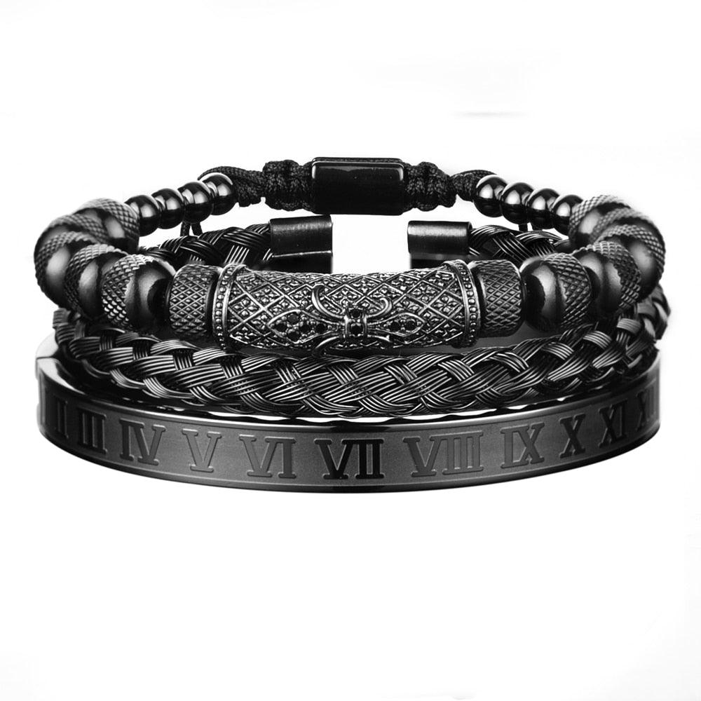 Luxury 3pcs/Set Flower Charm Black Men Bangles, Stainless Steel Bracelet Men Roman Number Europe Fashion Jewelry - Sandrine Swank