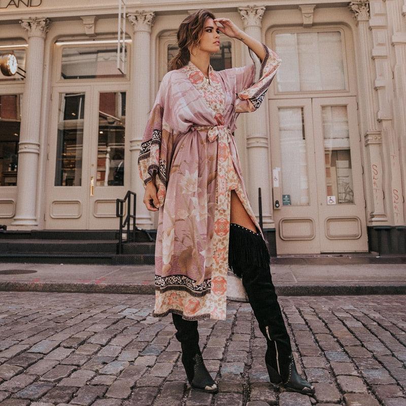 Bohemian Kimono, Pink Crane  Floral Print Sashes Women Bohemian V Neck Batwing Sleeves Blouses Robe Kimono Cover-up - Sandrine Swank