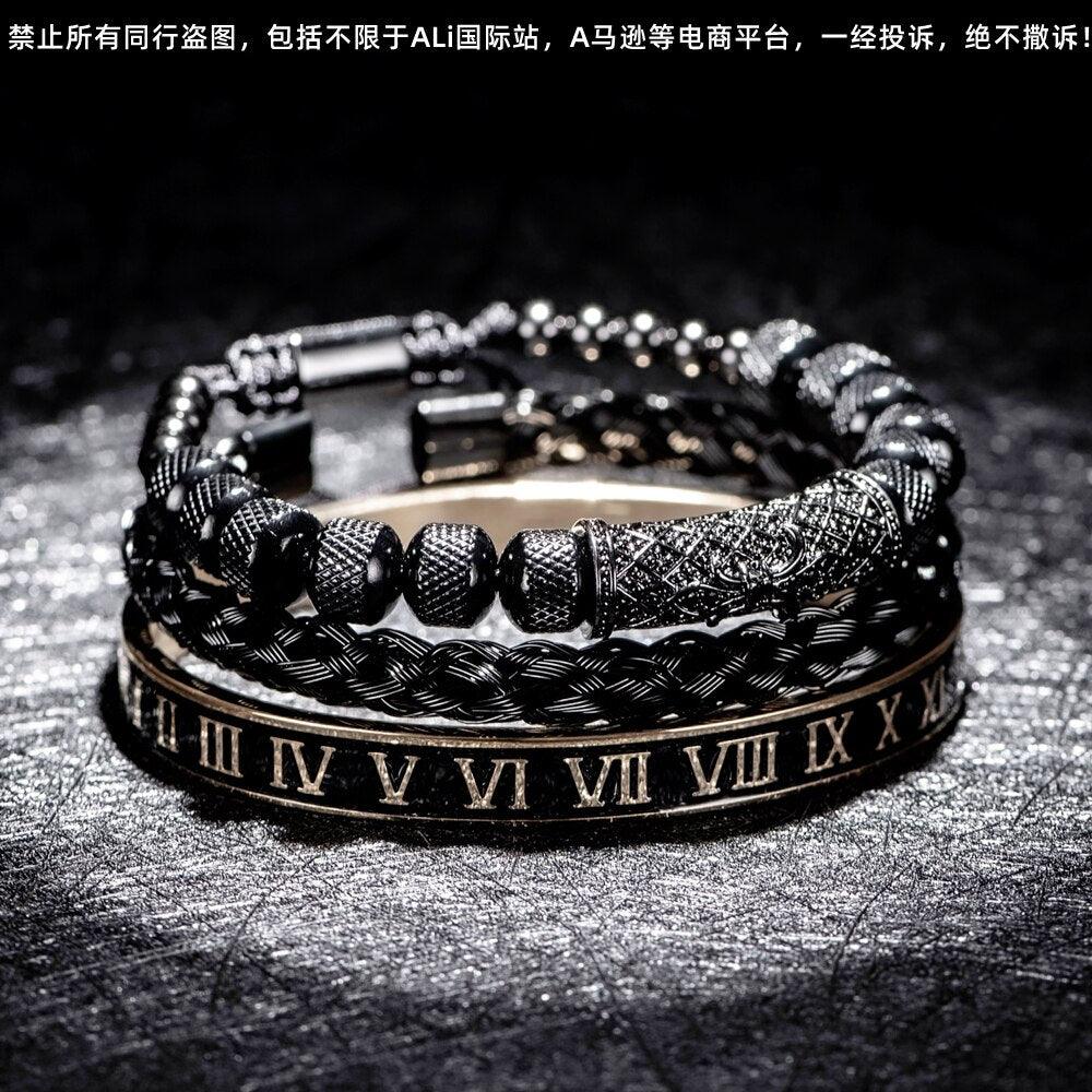 Luxury 3pcs/Set Flower Cross Charm Bangles Stainless Steel Men Bracelet, Enamel Roman Number Europe Fashion Jewelry - Sandrine Swank