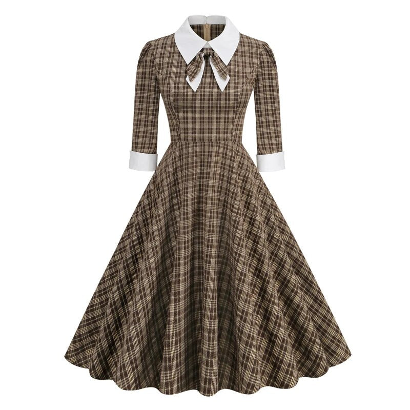 Retro Brown Plaid Rockabilly Midi Dress, Turn-Down Collar Bow 3/4 Length Sleeve Autumn Winter Vintage Dress