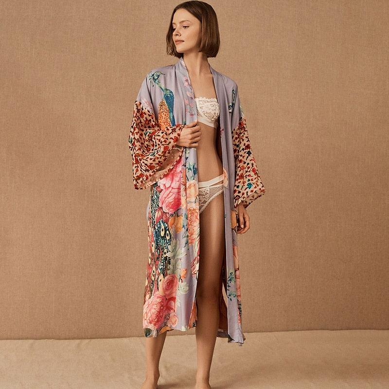 Bohemian Beach Kimono, Women Peacock Printed Swimsuit Cover Up Self Belted Wrap Dresses Seaside Bathing Suits Beachwear - Belleroz