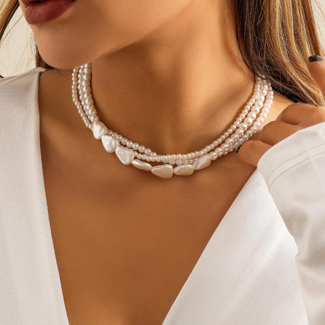 Elegant Multilayer Pearl Chain Necklace, Vintage Wedding Fashion Statement Choker - Belleroz