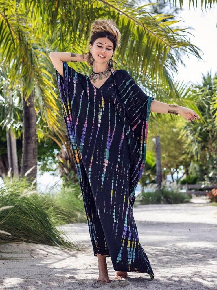 Bohemian Kaftan, Retro Striped Tie Dye Women Swimsuit Cover Up Bikini Wrap Beach Dress, Beachwear Kimono Kaftan - Sandrine Swank