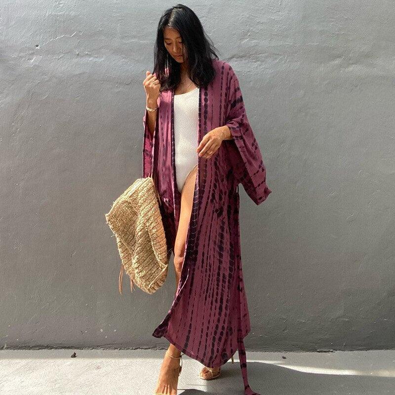 Bohemian striped Print V-neck batwing Sleeves Sashes Kimono, Kimono robe Ladies Boho Maxi Bikini Cover-up - Boldnaccs By Artisans