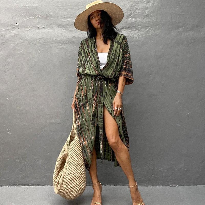 Bohemian Long Kimono, Beach Cover Ups Kimono, Tie Dye Kimono, Swimsuit Cape Summer Dress, Beachwear Cover Up Dress - Belleroz