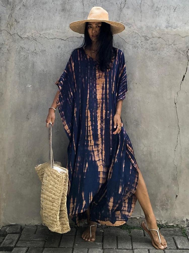 Bohemian Kaftan, Retro Striped Tie Dye Women Swimsuit Cover Up Bikini Wrap Beach Dress Beachwear Kimono Kaftan - Sandrine Swank