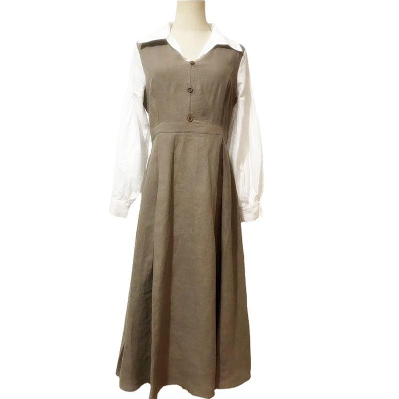 Elise Long Sleeve Dresses Women Vintage Elegant Slim 100%Linen Dress Pastoral Style V-Neck Two-Piece Dress - Sandrine Swank