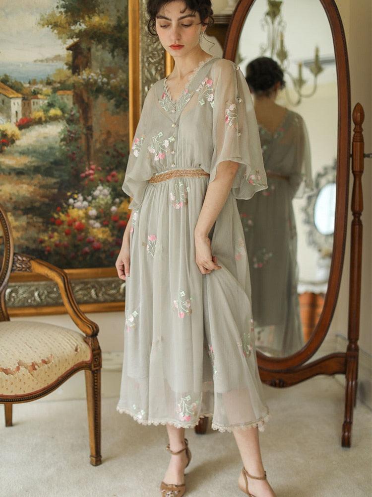 Elsie Dress Vintage Elegant Slim Luxury Embroidery Floral Sparkle Sequins High Waist V-Neck Lace Dress - Sandrine Swank