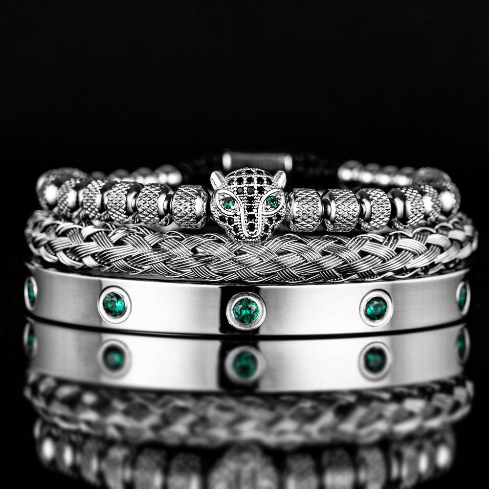 Luxury Micro Pave Green CZ Leopard Head Royal Charm Men Bracelets, Stainless Steel Crystals Bangles, Handmade Men Bracelets - Sandrine Swank