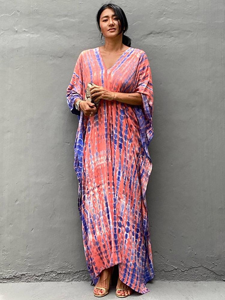 Bohemian Kaftan, Retro Striped Tie Dye Women Swimsuit Cover Up Bikini Wrap Beach Dress Beachwear Kimono Kaftan - Sandrine Swank