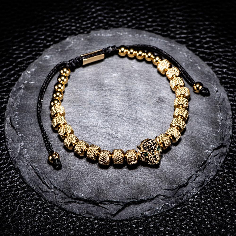 Charm Micro Pave CZ Leopard Head Men's Bracelet, Stainless Steel Handmade Men's Bracelet - Sandrine Swank