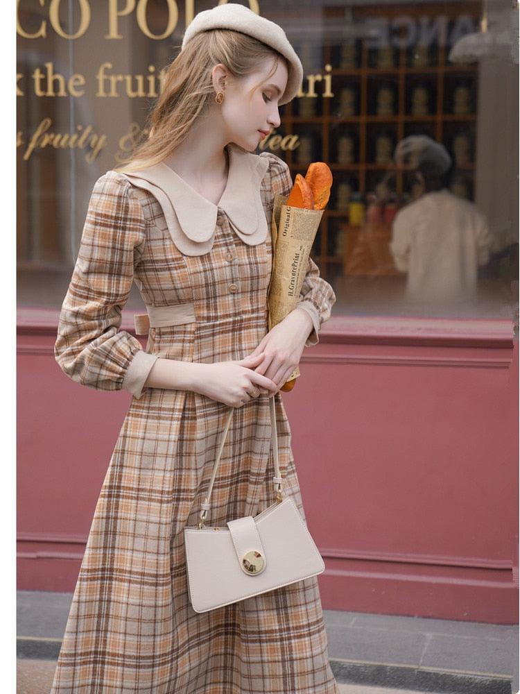 Elise Vintage Elegant Double-Layer Collar Long Sleeve Plaid Woolen Midi Dress - Sandrine Swank