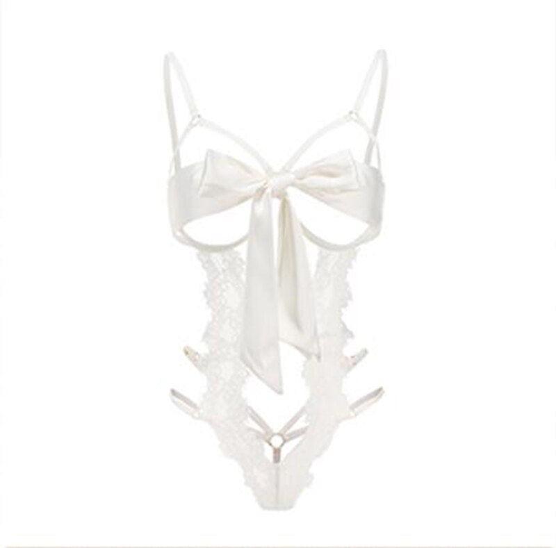 Lace Front Bow Open Bra Teddy Set - Belleroz