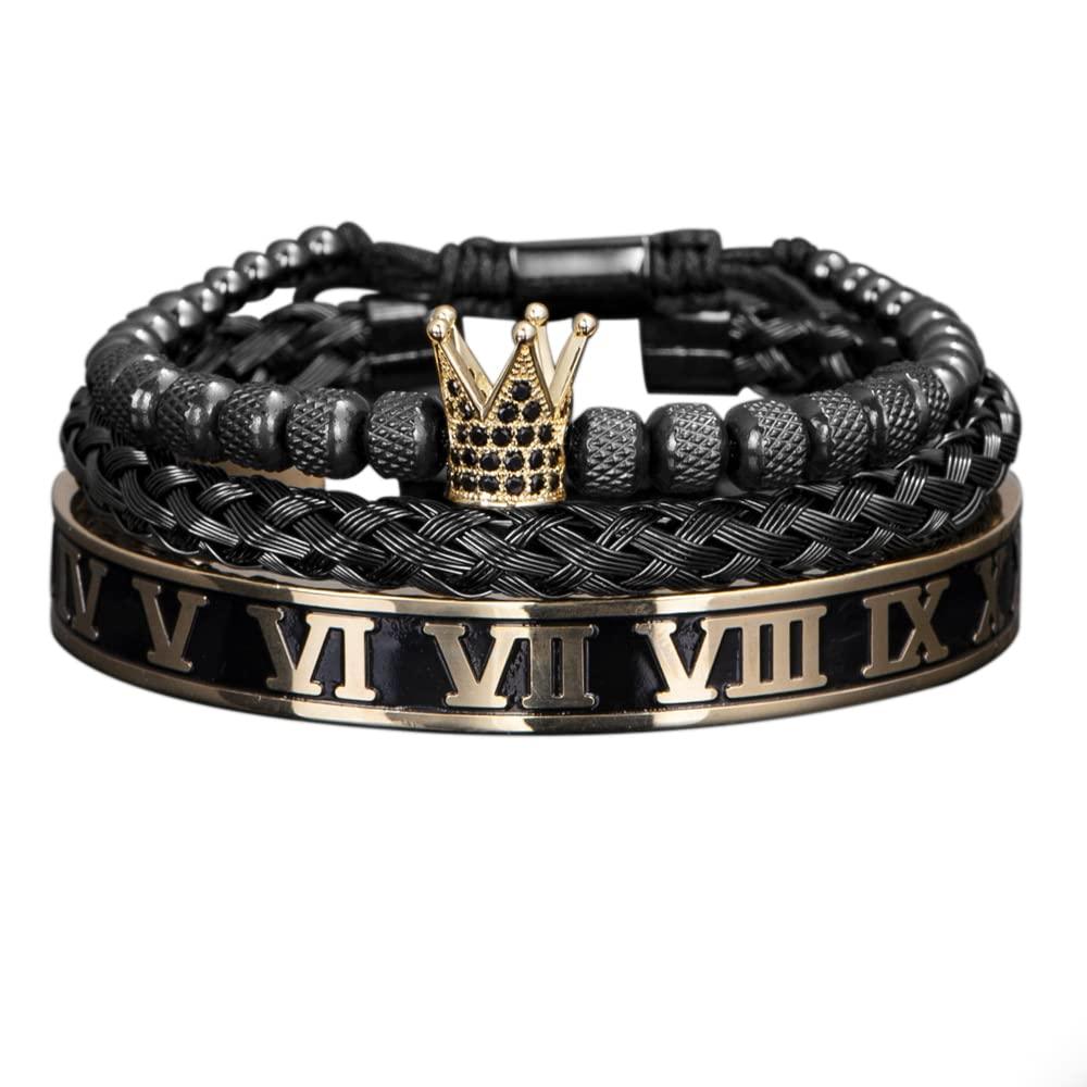 Luxury Crown Handmade Men Enamel Roman Numeral Bangles, Hemp Rope Buckle Open Stainless Steel Men Bracelet, Micro Pave CZ Luxury Jewelry - Sandrine Swank