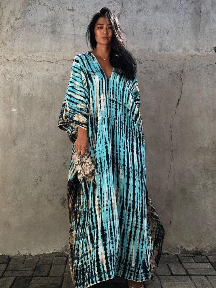 Bohemian Kaftan, Retro Striped Tie Dye Women Swimsuit Cover Up Bikini Wrap Beach Dress Beachwear Kimono Kaftan - Sandrine Swank