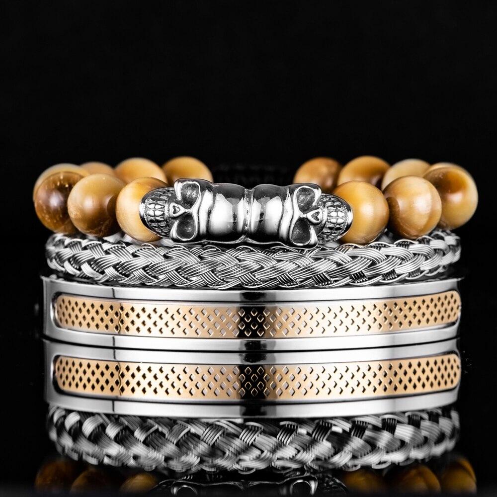 3pcs/set Stainless Steel Skull Skeleton Head Bangle Beaded Men Bracelets, Black Stone Braided Bracelet for Men - Sandrine Swank