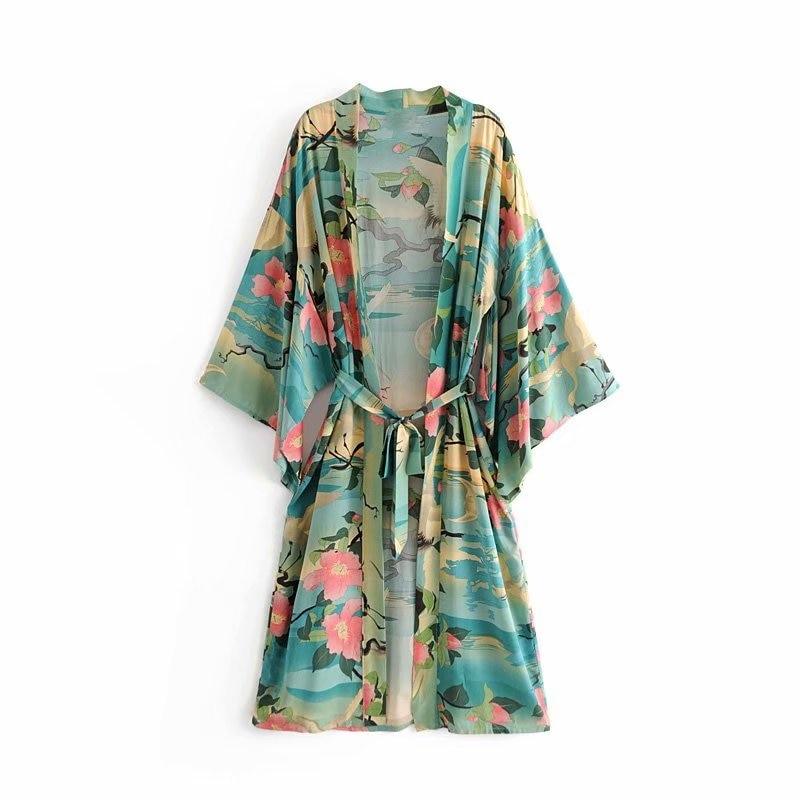 Bohemian Handmade Kimono, Vintage Green Crane Floral Print Sashes  Women Bohemian V Neck Batwing Sleeves, Robe Kimono Cover-up - Sandrine Swank