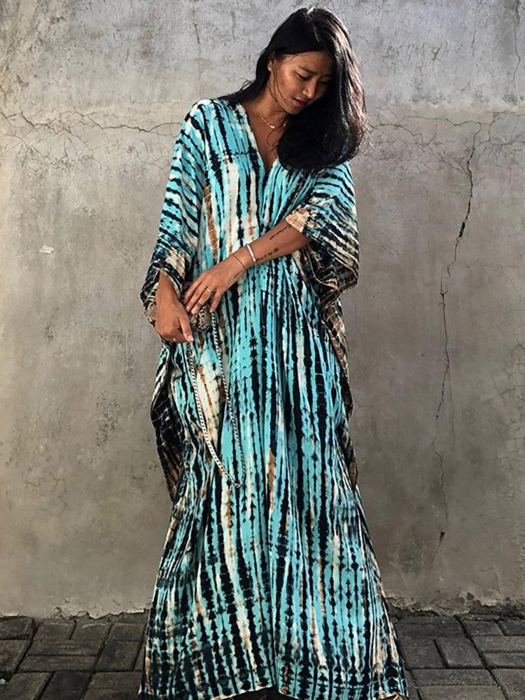 Bohemian Kaftan, Retro Striped Tie Dye Women Swimsuit Cover Up Bikini Wrap Beach Dress, Beachwear Kimono Kaftan - Sandrine Swank