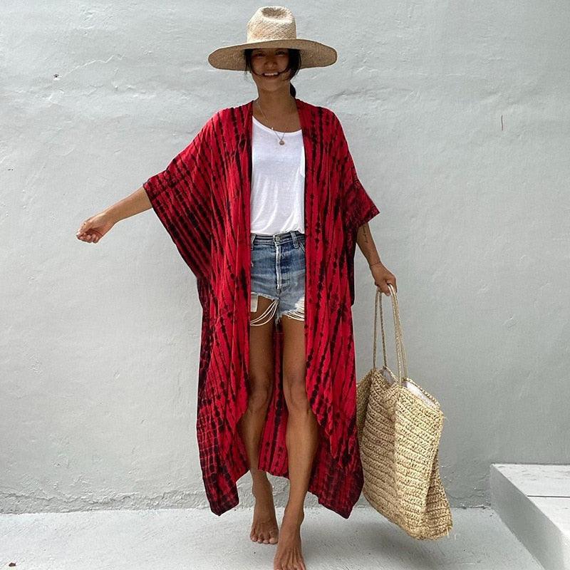 Bohemian Long Kimono, Beach Cover Ups Kimono, Tie Dye Kimono, Swimsuit Cape Summer Dress, Beachwear Cover Up Dress - Belleroz