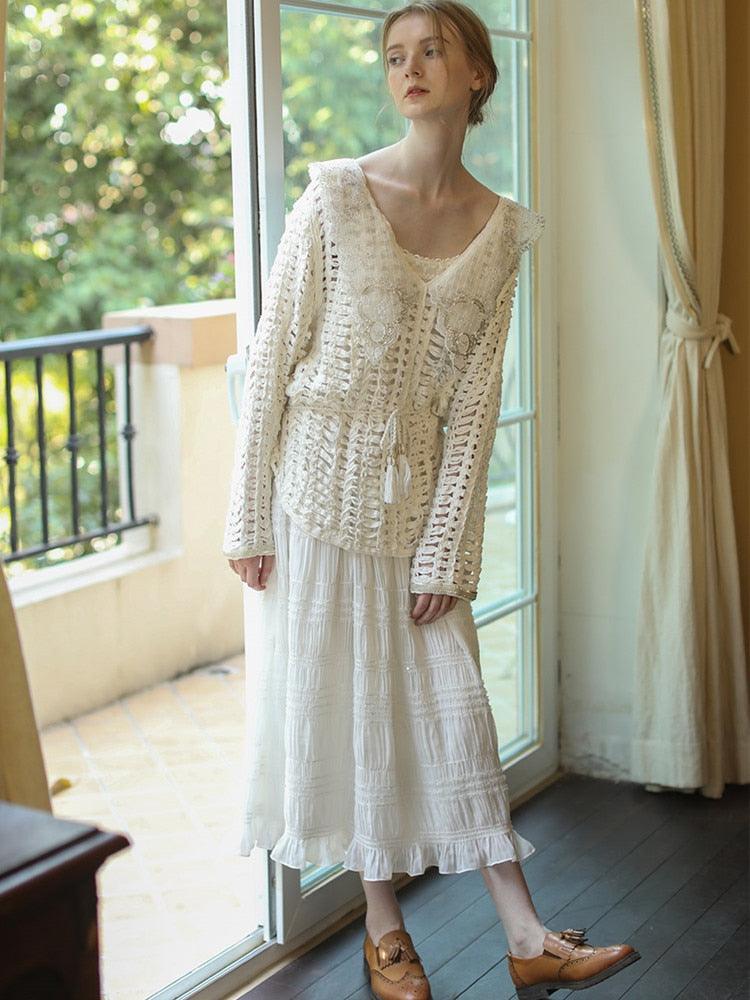 Elsie White Dress Women Mori Girls Elegant Sexy V-Neck Handmade Hollow Out Beadings Embroidery Long Dress - Sandrine Swank