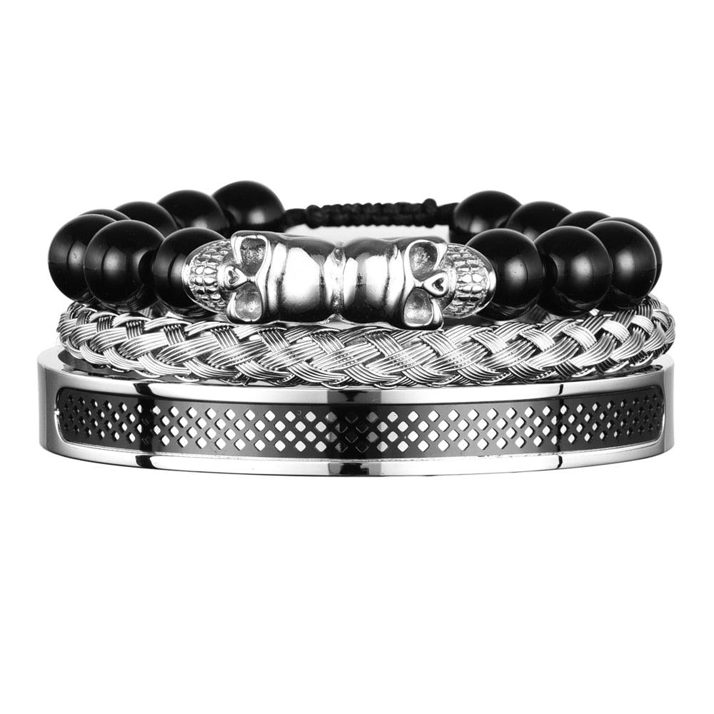 3pcs/set Stainless Steel Skull Skeleton Head Bangle Beaded Men Bracelets, Black Stone Braided Bracelet for Men - Sandrine Swank