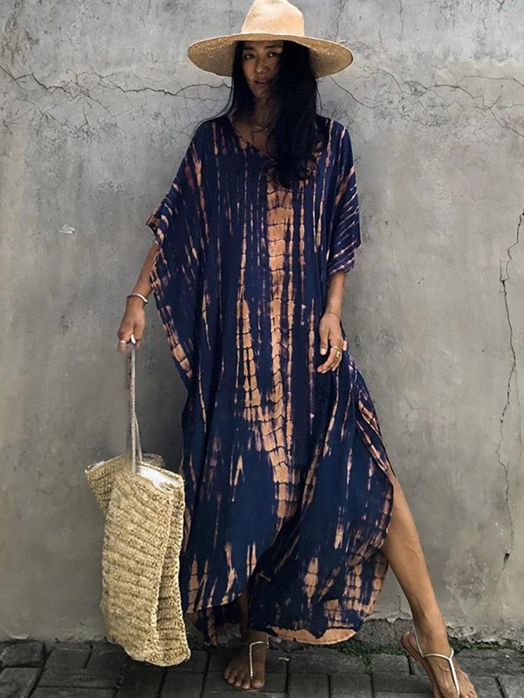 Bohemian Kaftan, Retro Striped Tie Dye Women Swimsuit Cover Up Bikini Wrap Beach Dress Beachwear Kimono Kaftan - Sandrine Swank