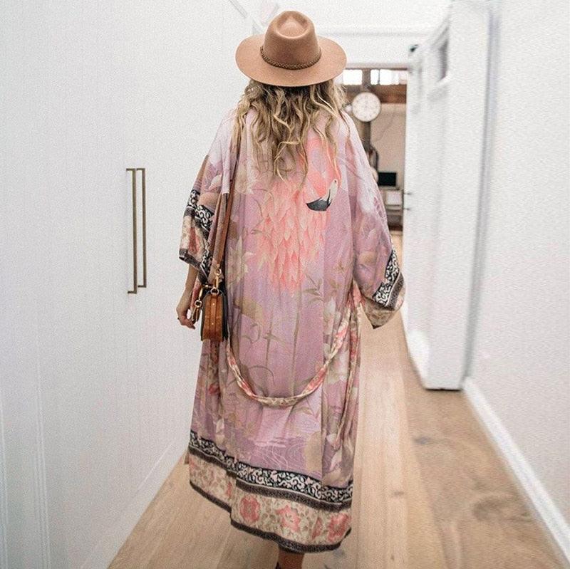 Bohemian Kimono, Pink Crane  Floral Print Sashes Women Bohemian V Neck Batwing Sleeves Blouses Robe Kimono Cover-up - Sandrine Swank