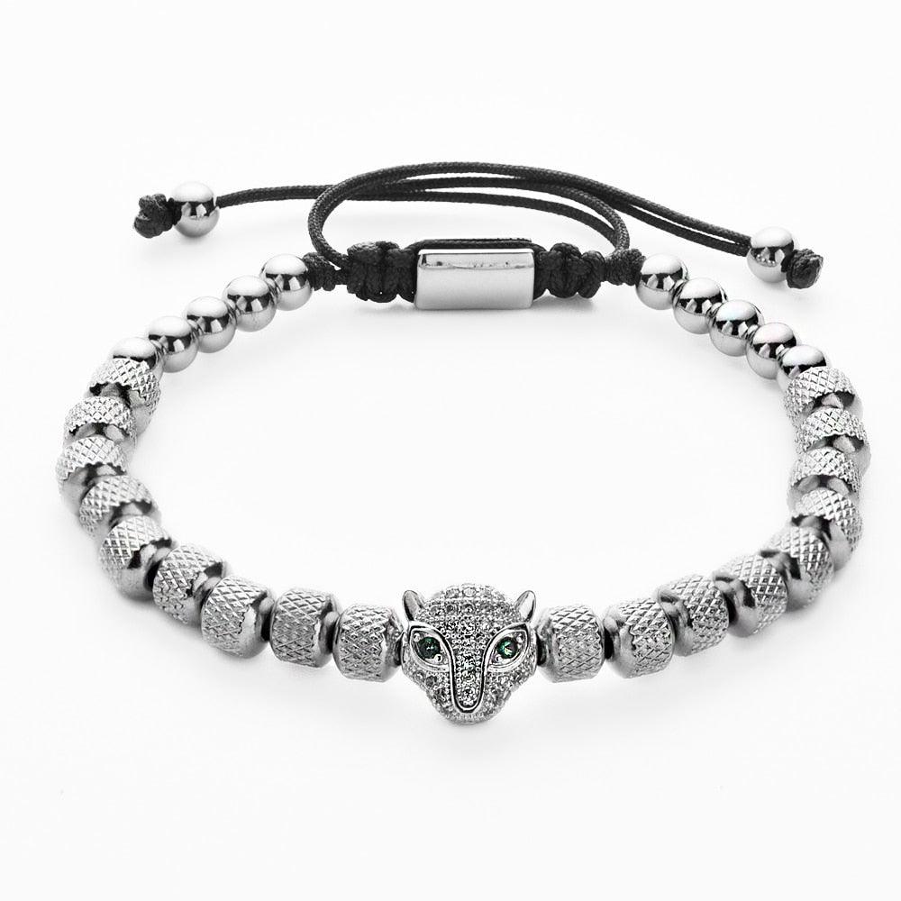 Charm Micro Pave CZ Leopard Head Men's Bracelet, Stainless Steel Handmade Men's Bracelet - Sandrine Swank