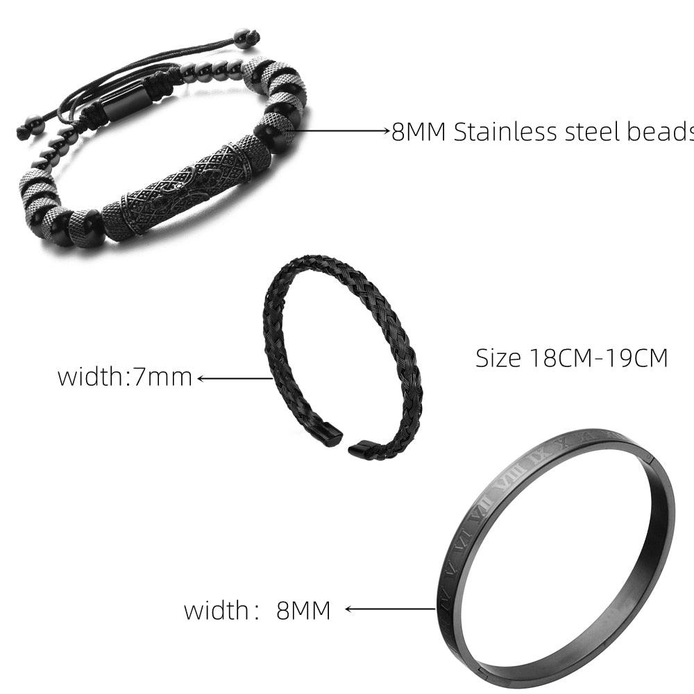 Luxury 3pcs/Set Flower Charm Black Men Bangles, Stainless Steel Bracelet Men Roman Number Europe Fashion Jewelry - Sandrine Swank