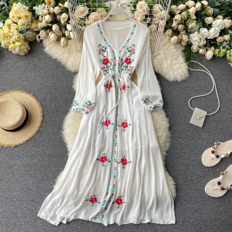 Bohemian Embroidered V-neck Lantern Sleeve Dress