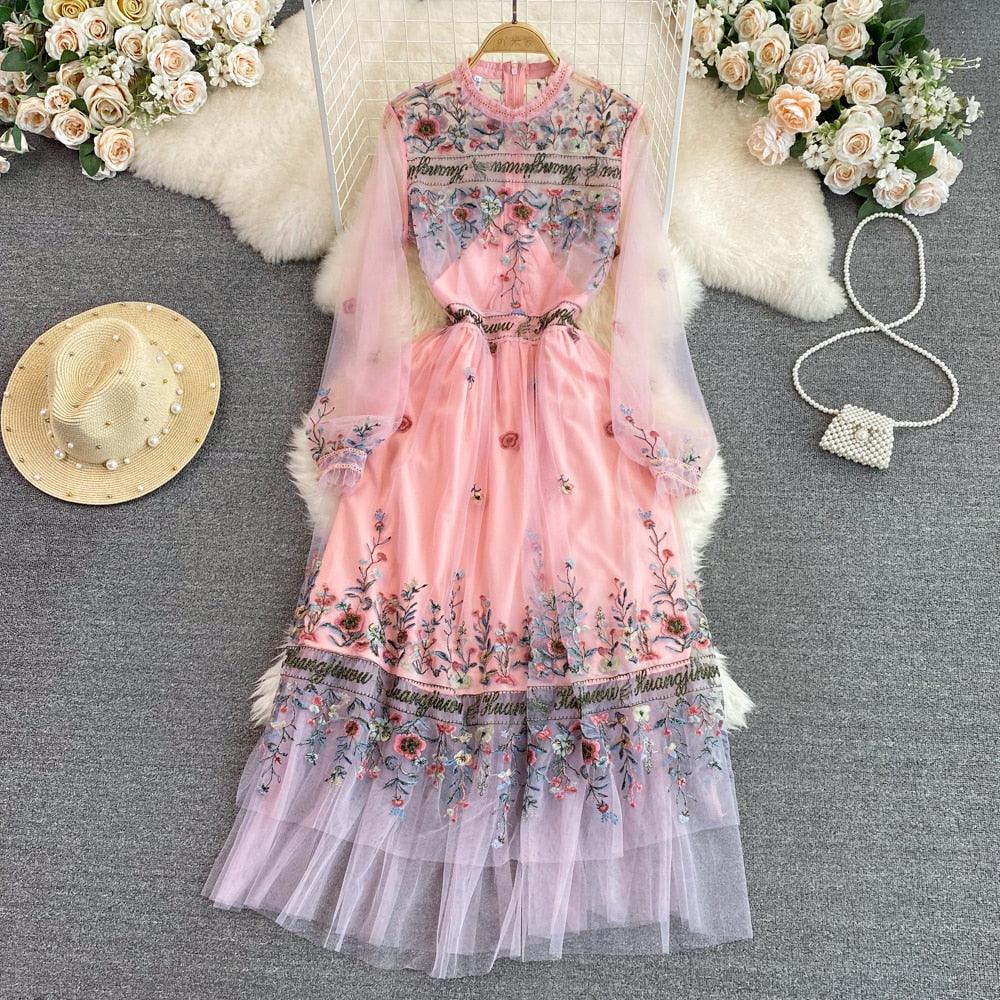 Bohemian Flower Embroidery Dress, Long Sleeve Mesh Lace Ruffles Dress - Belleroz