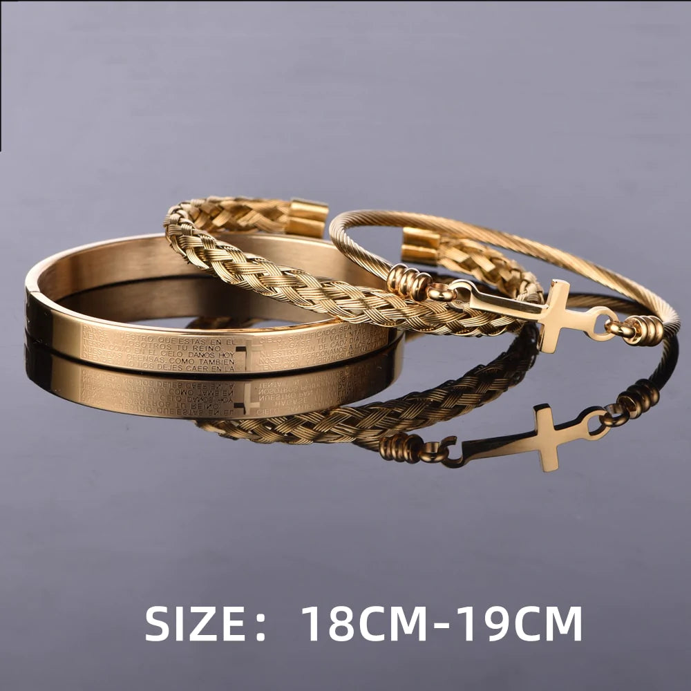 Luxury 3pcs Set Stainless Steel Men Bracelet, Men Jewelry Charm Open Bangle Carving Spanish Scripture - Sandrine Swank