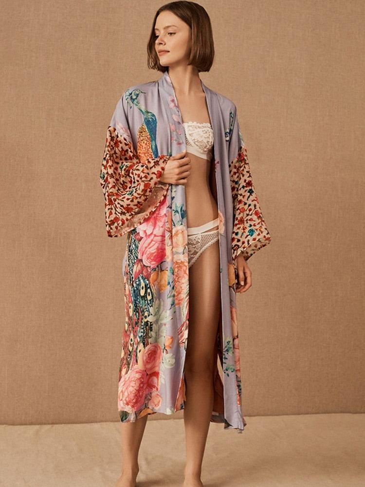 Bohemian Beach Kimono, Women Peacock Printed Swimsuit Cover Up Self Belted Wrap Dresses Seaside Bathing Suits Beachwear - Belleroz