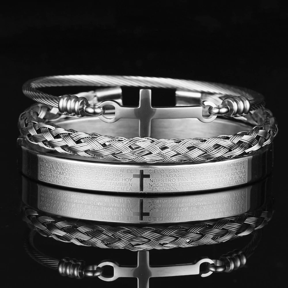 Luxury 3pcs Set Stainless Steel Men Bracelet, Men Jewelry Charm Open Bangle Carving Spanish Scripture - Sandrine Swank