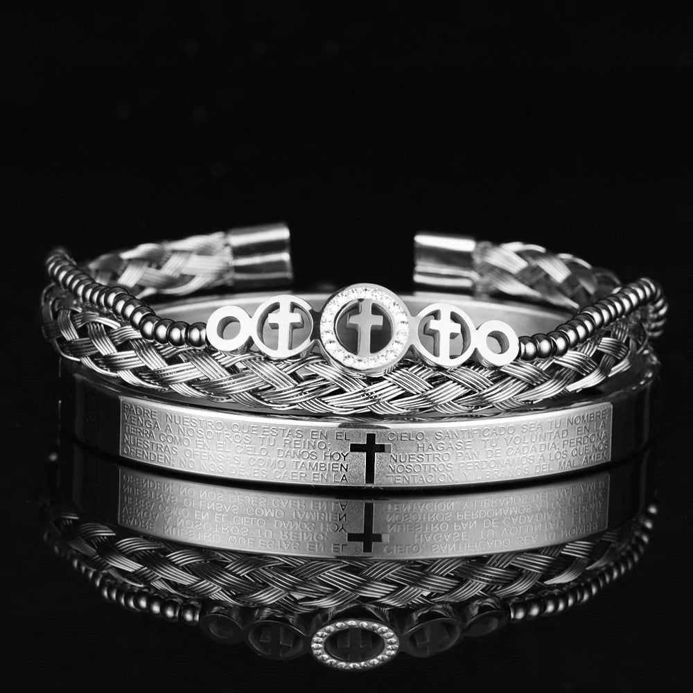 Luxury 3pcs Set Stainless Steel Men Bracelet, Men Jewelry Charm Open Bangle Carving Spanish Scripture - Sandrine Swank