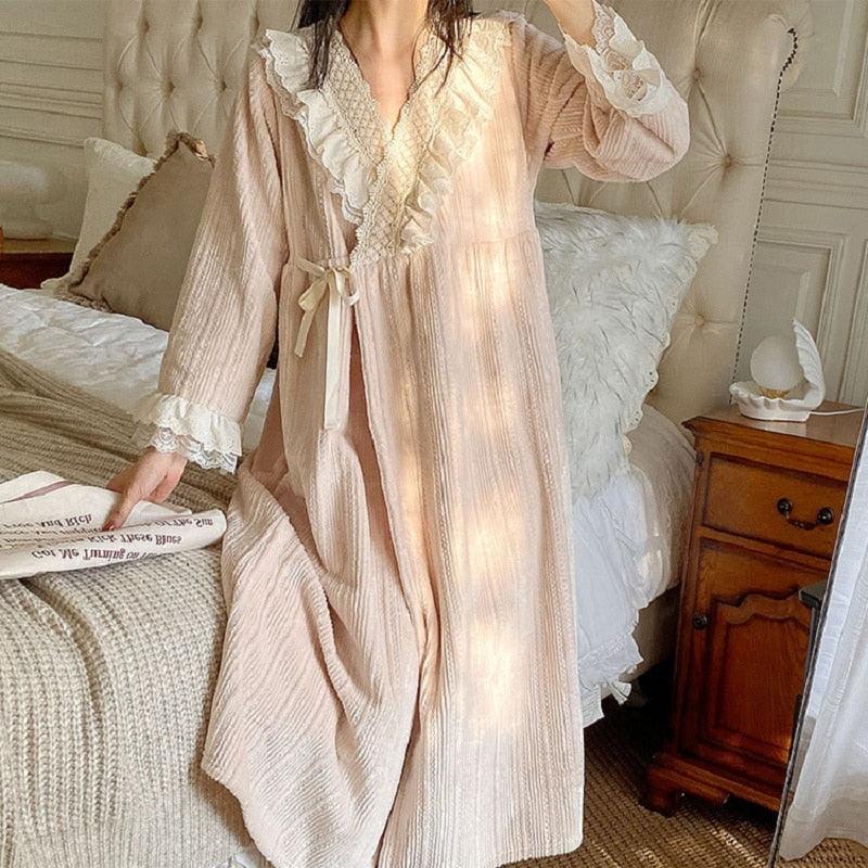 Vintage Flannel Warm Long Robes Dress, Vintage Embroidery Loose Nightgown, Victorian Nightgown - Belleroz