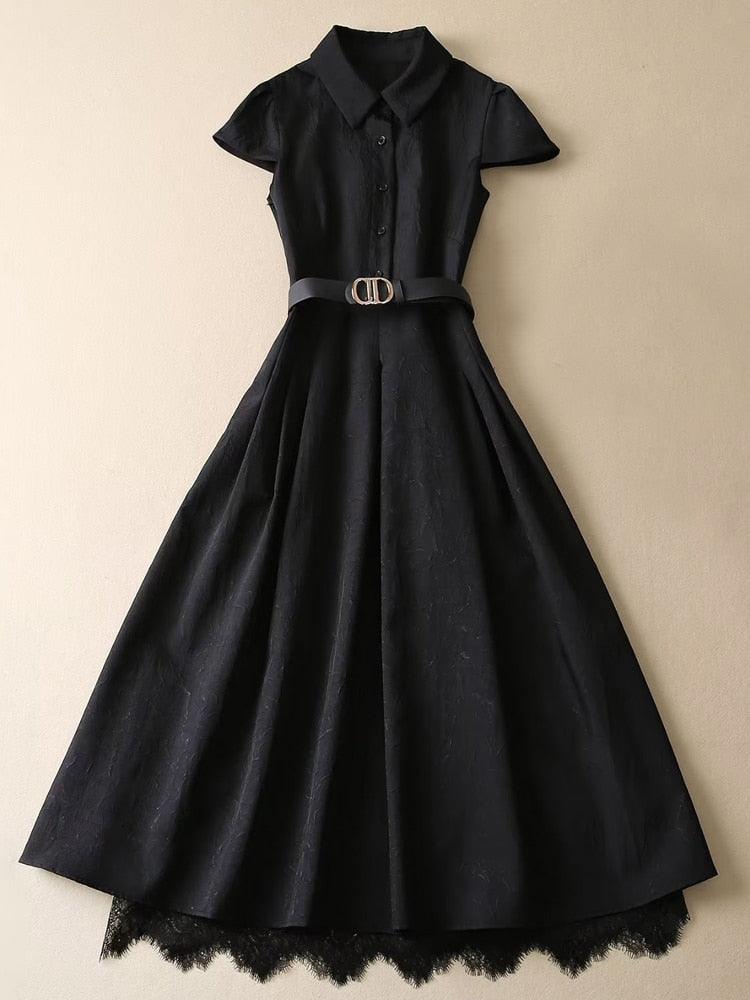 High Street Elegant Chic Fashion Casual Party Black Buttons Pleated Shirts Midi Dress - Belleroz