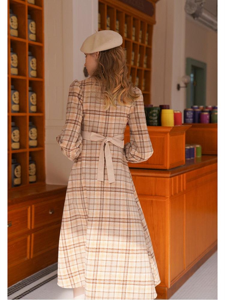 Elise Vintage Elegant Double-Layer Collar Long Sleeve Plaid Woolen Midi Dress - Sandrine Swank