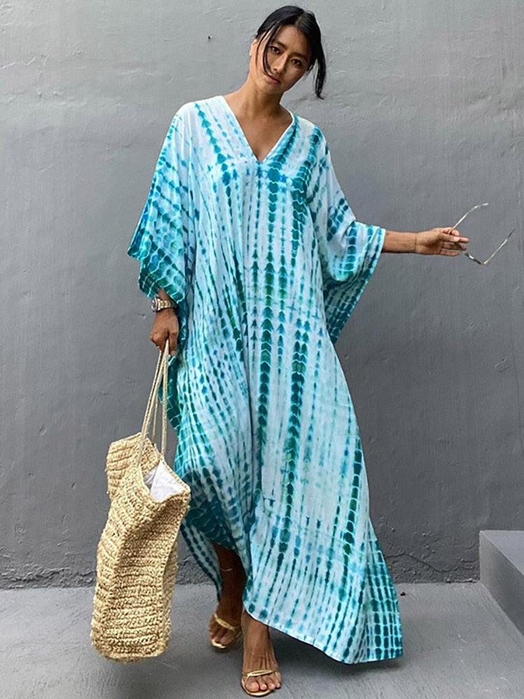 Bohemian Kaftan, Retro Striped Tie Dye Women Swimsuit Cover Up Bikini Wrap Beach Dress, Beachwear Kimono Kaftan - Sandrine Swank