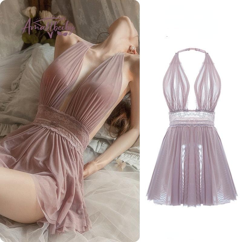 Backless Lace Gauze Babydoll Dress - Belleroz